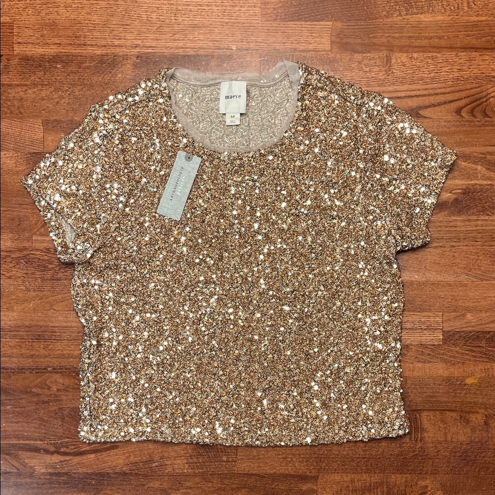 Anthropologie Sequined Gold Short Sleeve Tee